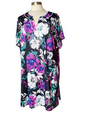 Swimsuits For All Womens 28 Swim Tunic SS Long Notch Neck Swimwear Black Floral